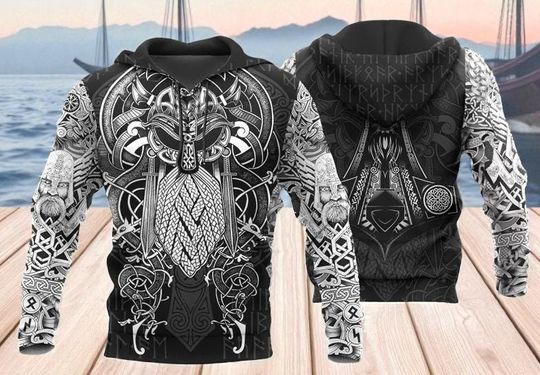 Viking Odin 3D Hoodie, Norse Mythology Tattoo Hoodie for Men & Women, Viking Warrior Streetwear Outfit