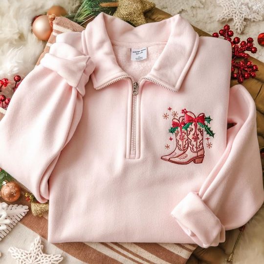 Embroidered Howdy Christmas Quarter Zip Sweatshirt, Cowgirl Boots Christmas Sweater, Western Christmas Cowgirl Sweatshirt