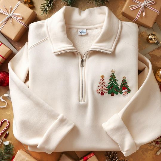 Discover Embroidered Christmas Tree Quarter Zip Sweatshirt with Holiday Sleigh Design