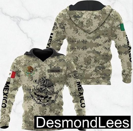 Personalized Mexico Army Camo Flag Hoodie, Custom Name 3D All Over Print Sweatshirt, Mexican Military Pride Unisex Pullover, Sportswear Gift