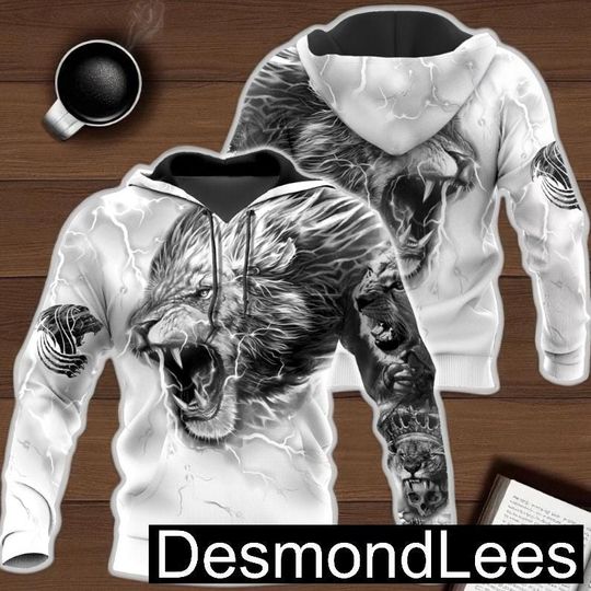 Discover Lion Tattoo 3D Hoodie, All Over Print Harajuku Streetwear Sweatshirt for Men & Women, Bold Lion Graphic Pullover, Trendy Unisex Hoodie Gift