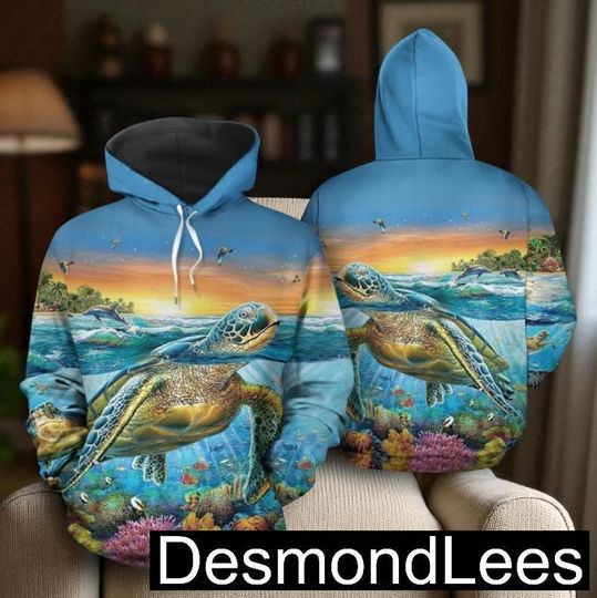3D Sea Turtle Hoodie, All Over Print Ocean Hoodie, Marine Life Sweatshirt, Beach Lover Gift, Sea Animal Pullover Unisex