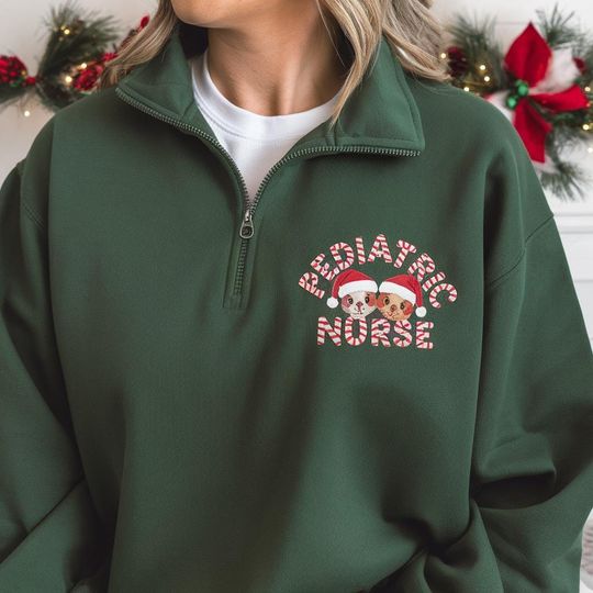 Discover Pediatric Nurse Embroidered Quarter Zip Sweatshirt with Holiday Safari Animal Design