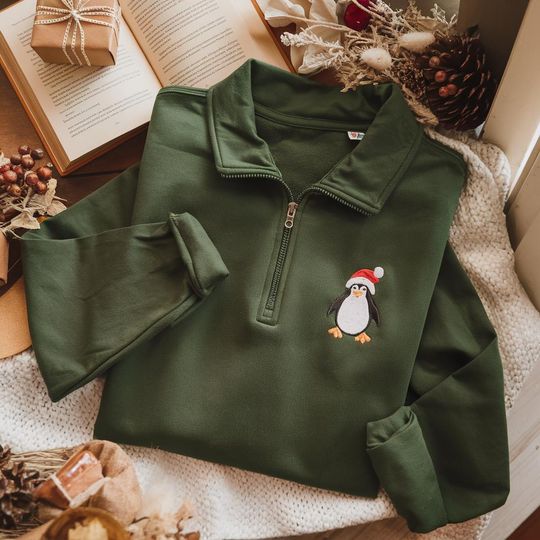 Discover Embroidered Christmas Penguin Quarter Zip Sweatshirt, Reindeer Penguin Hoodie, Festive Animal Crewneck