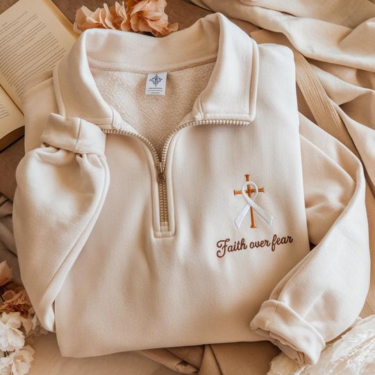 Embroidered Faith Over Fear Quarter Zip Sweatshirt in Pink Ribbon Breast Cancer Awareness, Religious Cross Crewneck