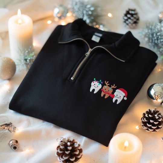 Christmas Dentist Embroidered Quarter Zip Sweatshirt, Reindeer Tooth Holiday Crewneck for Dental Hygienist