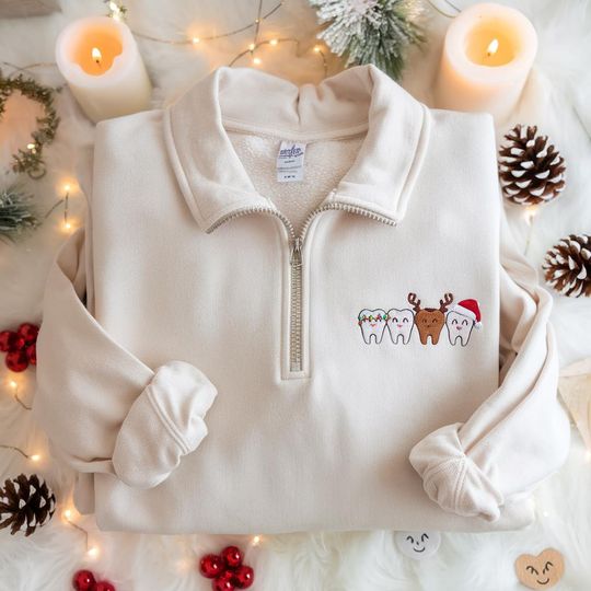 Discover Christmas Dentist Embroidered Quarter Zip Sweatshirt – Funny Dental Assistant