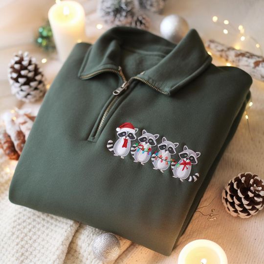 Discover Embroidered Raccoon Quarter Zip Sweatshirt, Holiday Lights, Cute Trash Panda, Animal Christmas Crewneck