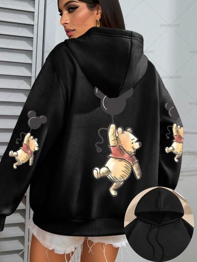 Discover Disney Women's Winnie The Pooh Bear with Balloons Fleece Hoodies Men Cotton Hoody Sweatshirt Pullover Autumn Winter Oversized