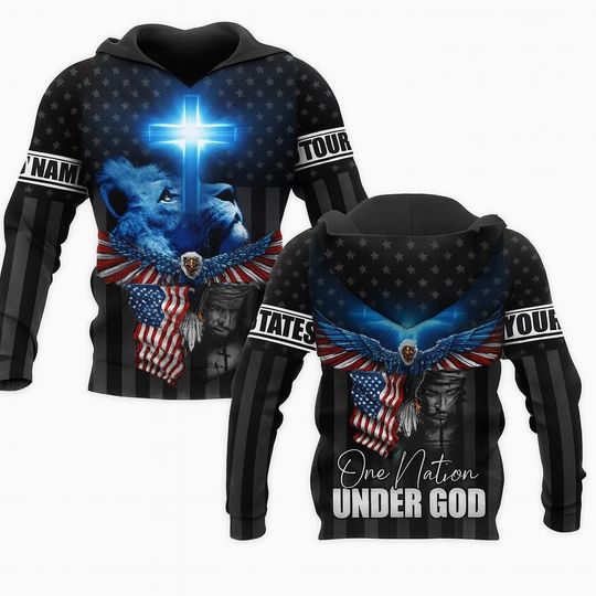 One Nation Under God Hoodie Christian Eagle Lion Cross American Flag Pullover