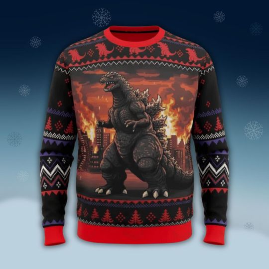 god zilla Ugly Christmas Sweater 3D Hoodie, Kaiju Holiday Jumper, Retro Pixel City Fire Design