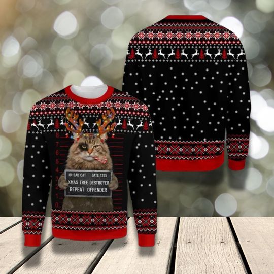 Discover Bad Cat Christmas Ugly Sweater 3D Knit Look Hoodie Unisex Holiday Party Pullover
