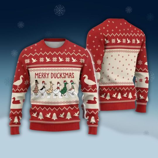 Discover 3D Merry Ducks Christmas Sweater Unisex Holiday Hoodie with Reindeer and Santa Print