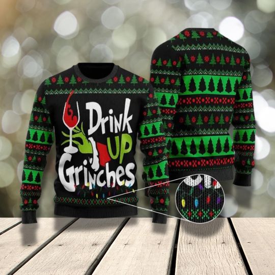 Discover Drink Up Grin.ches Ugly Christmas Sweater 3D Hoodie with Holiday Wine Graphic Unisex Pullover