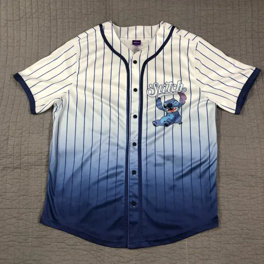 Discover Disney Stitch Shirt Mens Large Blue White Baseball Jersey Pinstripe Ohana Family