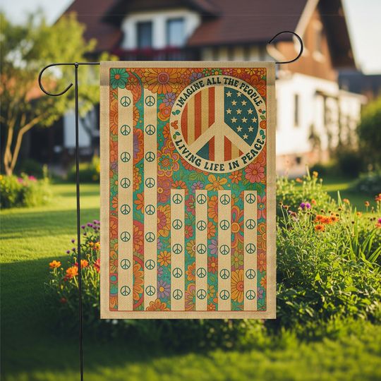 Discover Retro Peace Sign Garden Flag with Hippie Floral Design