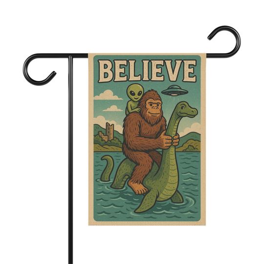 Discover Garden Flag, Believe Garden Banner for Conspiracy Fans Mythical Creature Lovers, Funny Cryptid Yard Decor with Bigfoot, Alien Loch Ness
