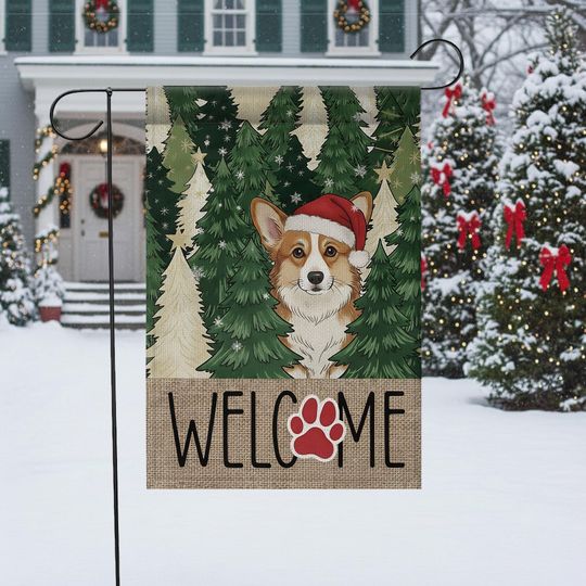 Corgi Christmas Garden Flag with Santa Hat and Paw Prints
