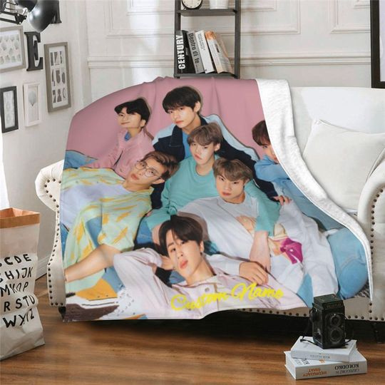 Personalized BTS Fleece Blanket with Name, Custom Theme Flannel Blanket, Cute Gift for Kids, Birthday Gift
