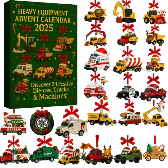 Discover Heavy Equipment Advent Calendar 2025, 24 Days Of Trucks, Acrylic Ornaments