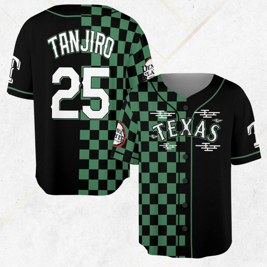 Texas tanjiror Baseball Jersey  Black Green Checkerboard Anime Inspired Button Down, Unisex Cosplay Fan Shirt, demon Style Gift