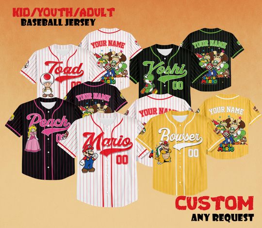 Custom All Chacracters Super Mario Baseball Jersey, Super Mario Shirt, Mario Shirt, Princess Peach, Family Baseball Jersey, Birthday Gifts