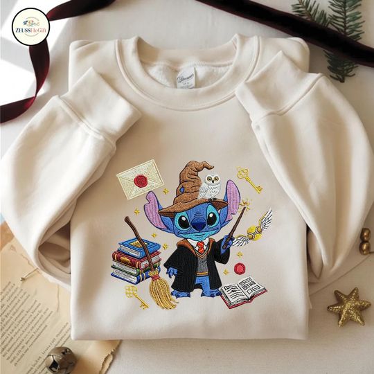 Discover Embroidered Stitch Hogwarts Shirt, Disney Stitch Harry Potter Inspired Shirt, Embroidered Magic World Fan Gift, Wizarding World ESS790