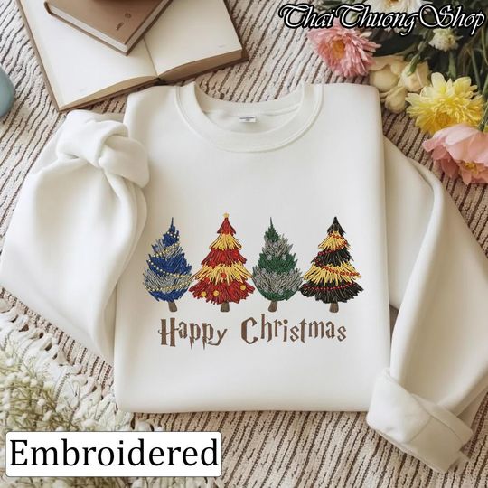 Discover Embroidered Christmas Tree Sweatshirt, Wizard Fan Holiday Shirt, Magic Christmas Tree Embroidered Hoodie Gift, Magic Shool Embroidery Shirt