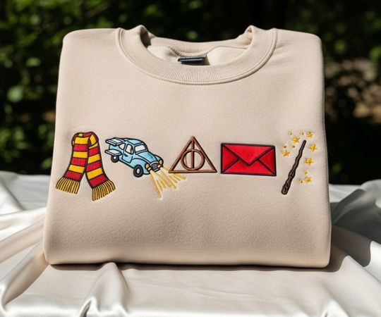 Discover Wizard Icons Embroidered Sweatshirt: Magical Book Lover Crewneck