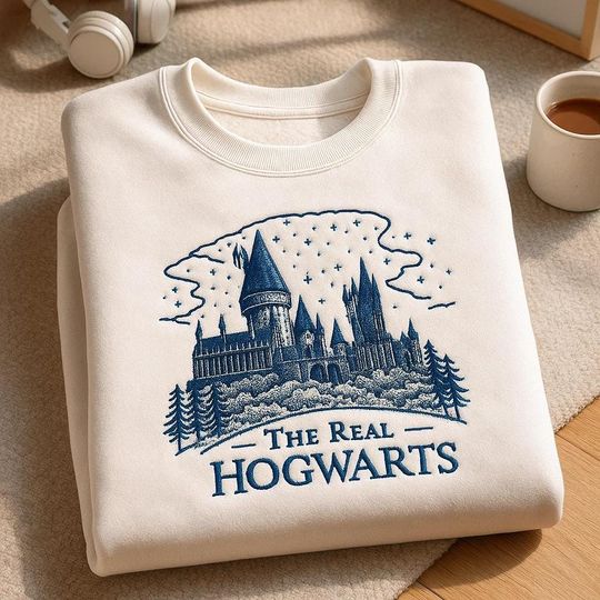 Discover Embroidered School of Witchcraft and Wizardry Sweatshirt, Embroidered Hoodie Wizard, Fantasy Shirt, Magic T-shirt, Magic wand, Wizard staff