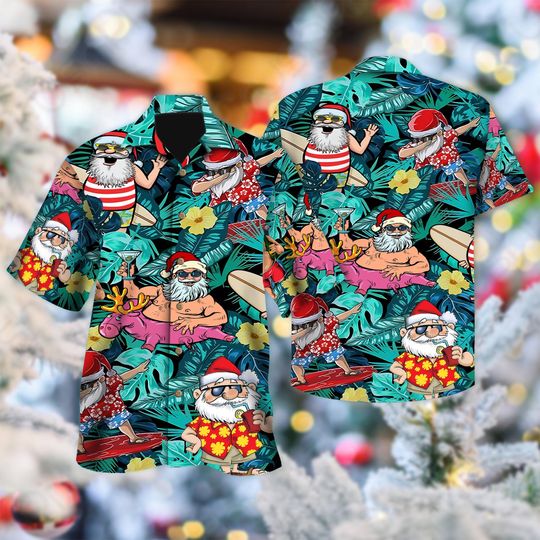 Discover Tropical Santa Claus Aloha Christmas Hawaiian Shirt, Santa Claus Button Up Shirt, Santa Claus Xmas Hawaiian Shirt, Xmas Holiday Party Gift