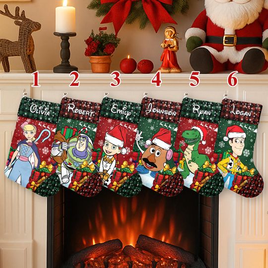 Discover Personalized Toy Story Xmas Stocking, Woody Buzz Lightyear Rex Bo Beep Santa Hat Christmas Stockings, Toy Story Christmas Socks Home Decor