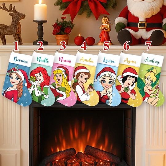 Discover Personalized Elsa Ariel Cinde Snow White Xmas Stocking, Tinker Bell Santa Hat Christmas Stockings, Princess Christmas Socks Home Decor