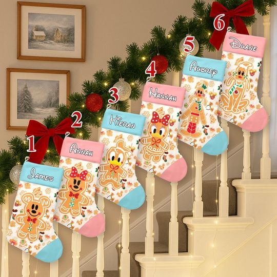 Discover Personalized Disney Gingerbread Christmas Stocking for Boys and Girls, Mickey And Friends Gingerbread Xmas Stocking Home Decoration