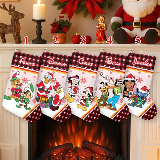 Discover Personalized Mickey And Friends Xmas Stocking, Mickey Minnie Stitch Chip Dale Christmas Stockings, Disney Christmas Socks Home Decor