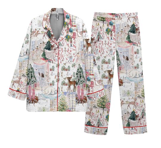 Women's Satin Christmas Pajama Set Winter Wonderland Print Sleepwear