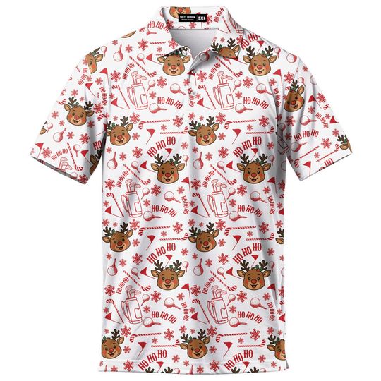 Reindeer Golf Pattern Christmas Polo Shirts For Men Golf Polos Xmas Holiday Deer Short Sleeve Button Up Shirt