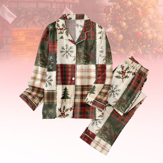 Retro Christmas Tree Family Pajama Set with Patchwork Holiday Design, Beige Winter Tee and Pants