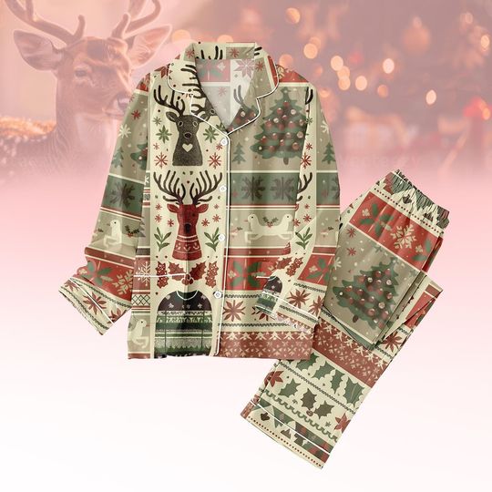 Discover Vintage Reindeer Christmas Family Pajama Set, Holiday Patchwork Winter Pajamas, Retro Tee and Pants