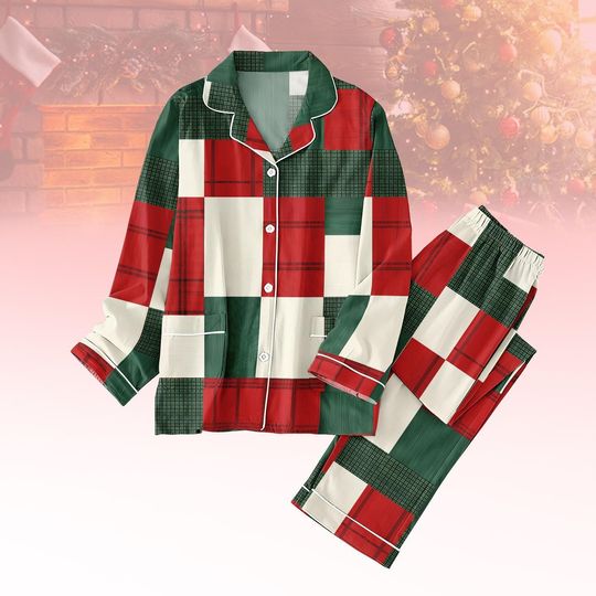 Discover Red Green Plaid Christmas Pajamas Set for Adults, Patchwork Seasonal Loungewear
