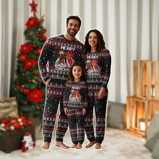 Discover Funny Chicken Holiday Pajama Set for Adults, Merry Chickmas Animals Xmas Sleepwear for Farmhouse Family Gift