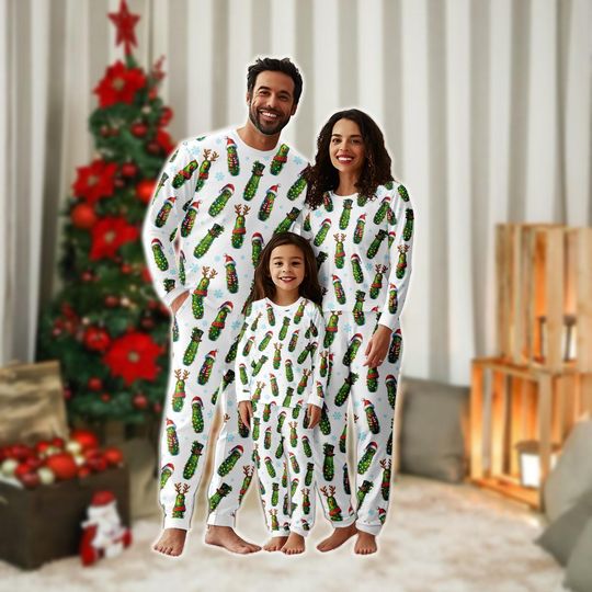 Discover Pickles With Lights Christmas Family Pajamas Set, Xmas Women Pajamas, Santa Hat Reindeer Tee & Pants