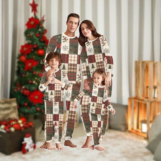 Discover Vintage Christmas Tree Family Pajama Set, Xmas Patchwork Holiday Sleepwear, Funny Xmas Party Loungewear
