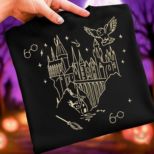 Embroidered Wizard Castle Heart Sweatshirt, HP Magic School Shirt, Fantasy Castle Tee, Cozy Witch Hogwarts, Book Lover Magical Gift ESH5809