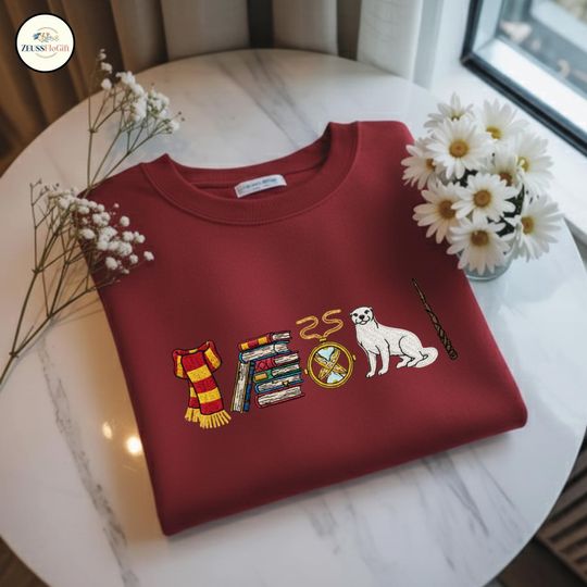 Discover Wizard Icons Embroidered Sweatshirt, Magical Book Lover Crewneck, Wizard School Embroidered Shirt, Wizard Movie Embroidered Hoodie ESS797