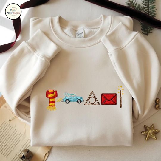 Discover Wizard Icons Embroidered Sweatshirt, Magical Book Lover Crewneck, Wizard School Embroidered Shirt, Wizard Movie Embroidered Hoodie ESS795