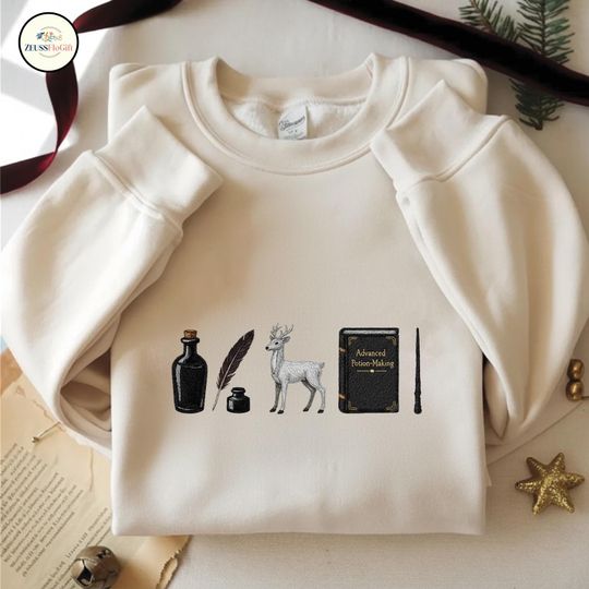 Discover Wizard Icons Embroidered Sweatshirt, Magical Book Lover Crewneck, Wizard School Embroidered Shirt, Wizard Movie Embroidered Hoodie ESS804