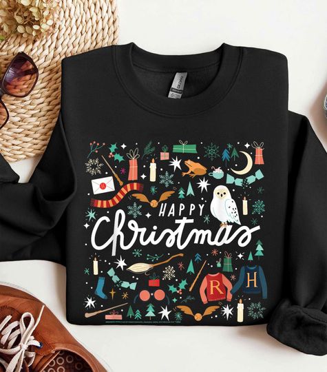 Happy Christmas H.P Sweatshirt | Hedwig Golden Snitch Xmas Shirt | Wizard Holiday Sweater for Potter Fans