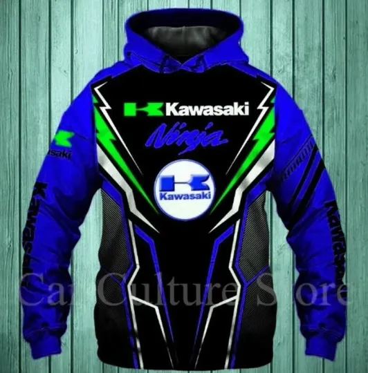 Discover Kawasaki Blue Hoodie 3D F-1 Team Motobike All Over Printed For Gift Full Size New