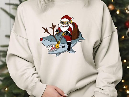 Discover Santa Big Shark Ugly Christmas Funny Pajama Gift Cute T-Shirt, Sweatshirt, Hoodie, Tote Bag - 258874